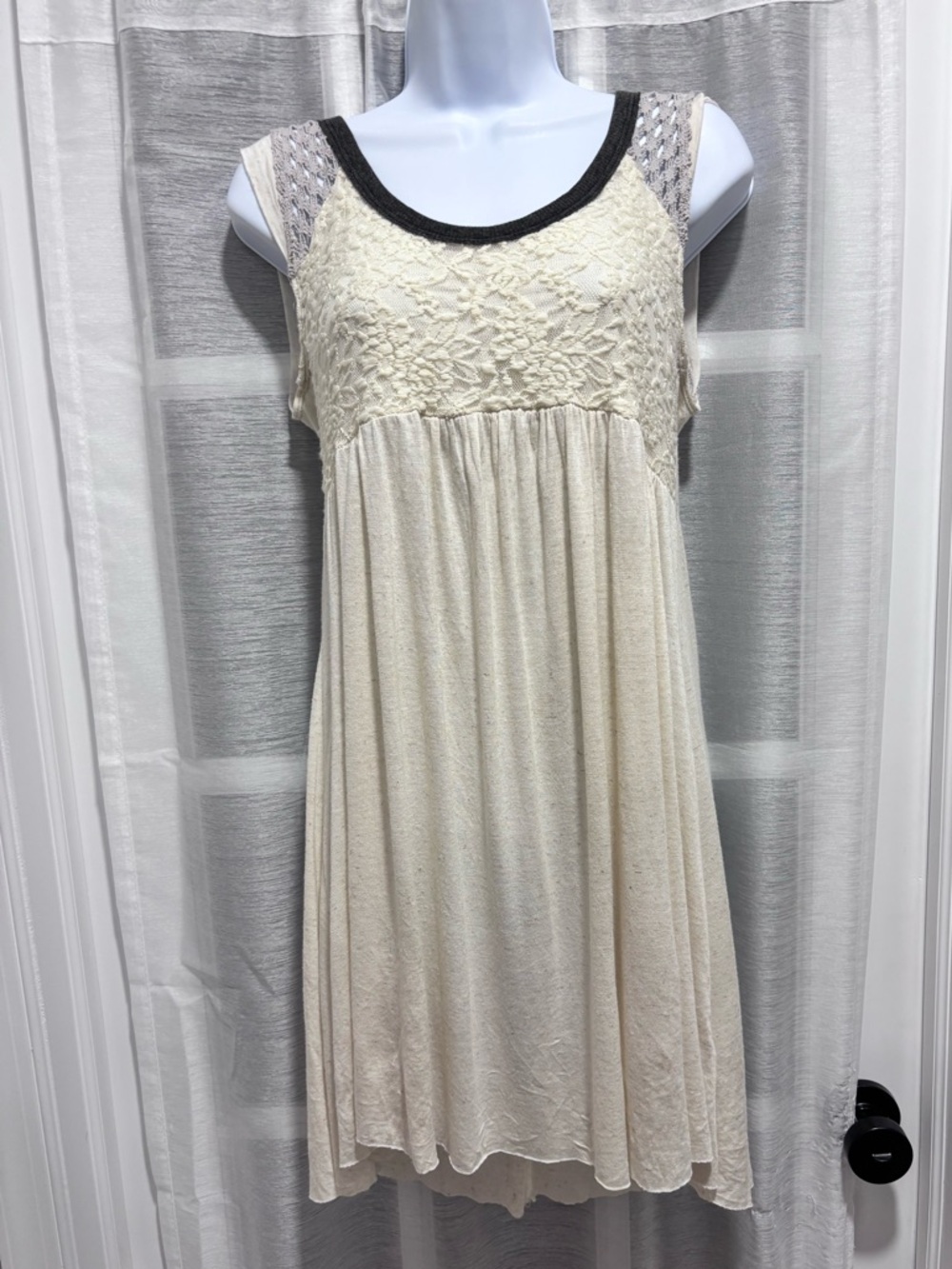 Scrapbook Cream Lace Gray Crochet Dress Scoop Neck with Black Trim Medium